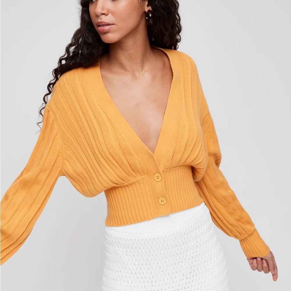 Aritzia Wilfred Thais Mustard Yellow Ribbed Cardigan